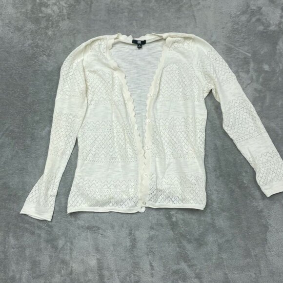 Frye Womens Ivory Cotton Button-Up Cardigan Sweater M Scallop Trim d0224 - Picture 2 of 8